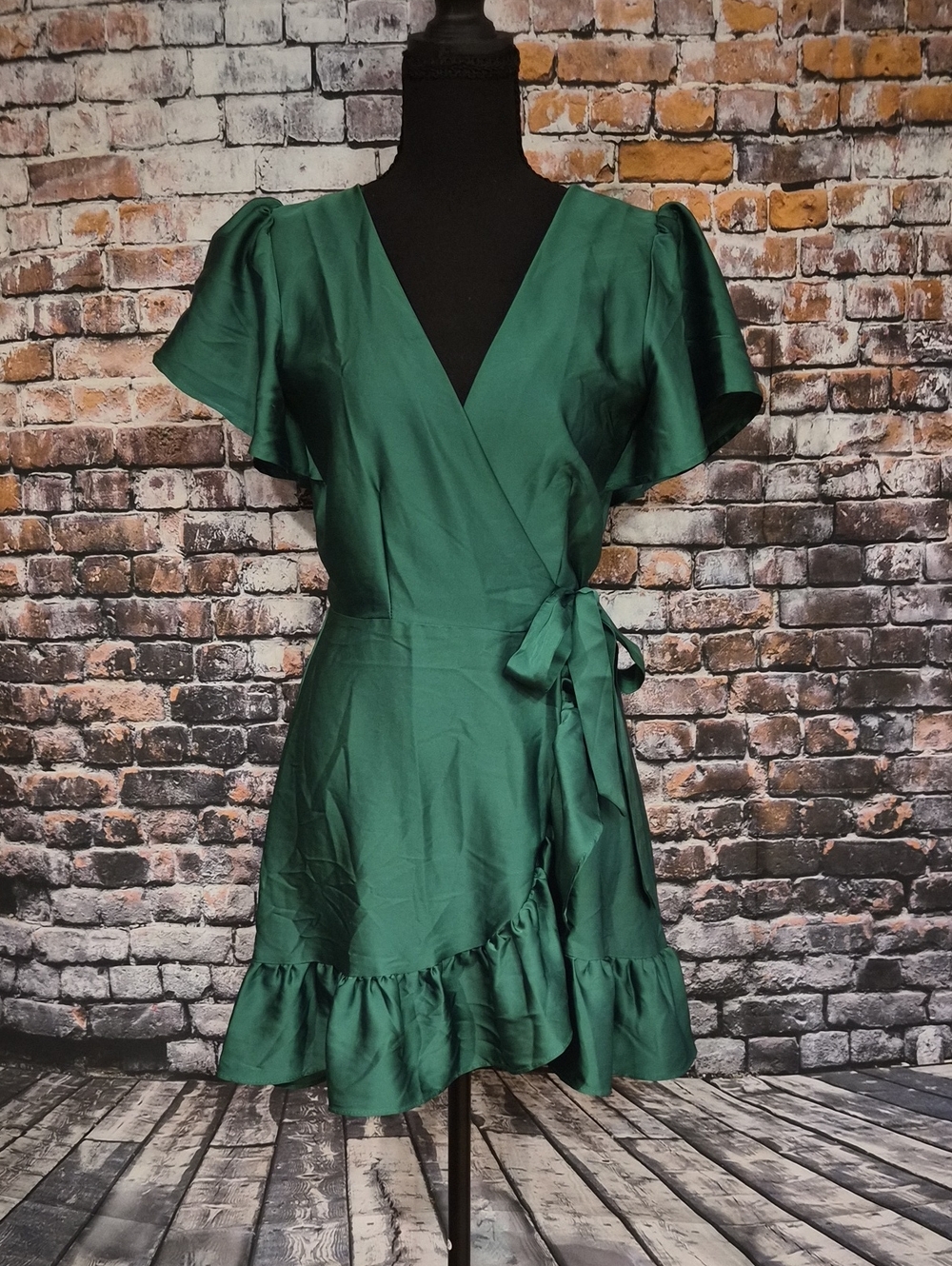 Trixxi Deep Green Wrap Mini Dress with Ruffle Hem